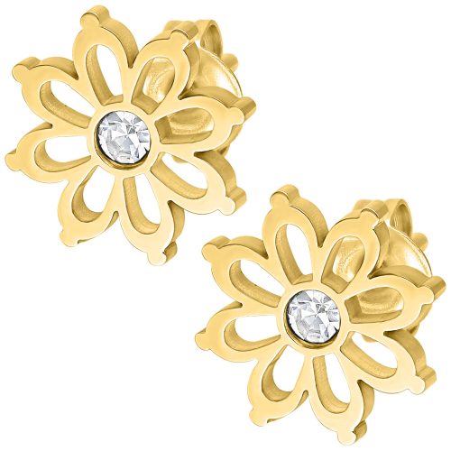 Paar goldene Blumen Ohrstecker mit klarem Kristall auf weißem Hintergrund