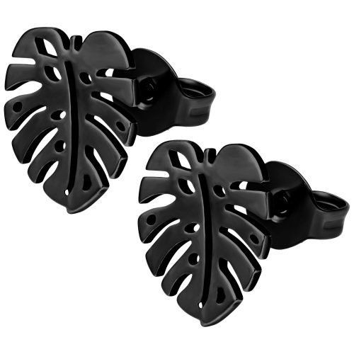 Schwarze Monstera Ohrstecker aus glänzendem Chirurgenstahl auf weißem Hintergrund