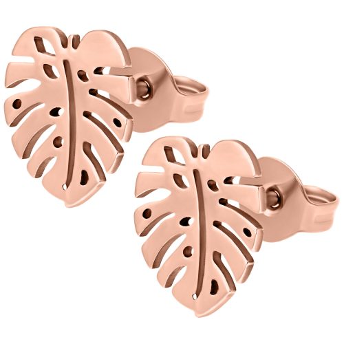 Zwei hochglanzpolierte Monstera Ohrstecker in Roségold auf weißem Hintergrund