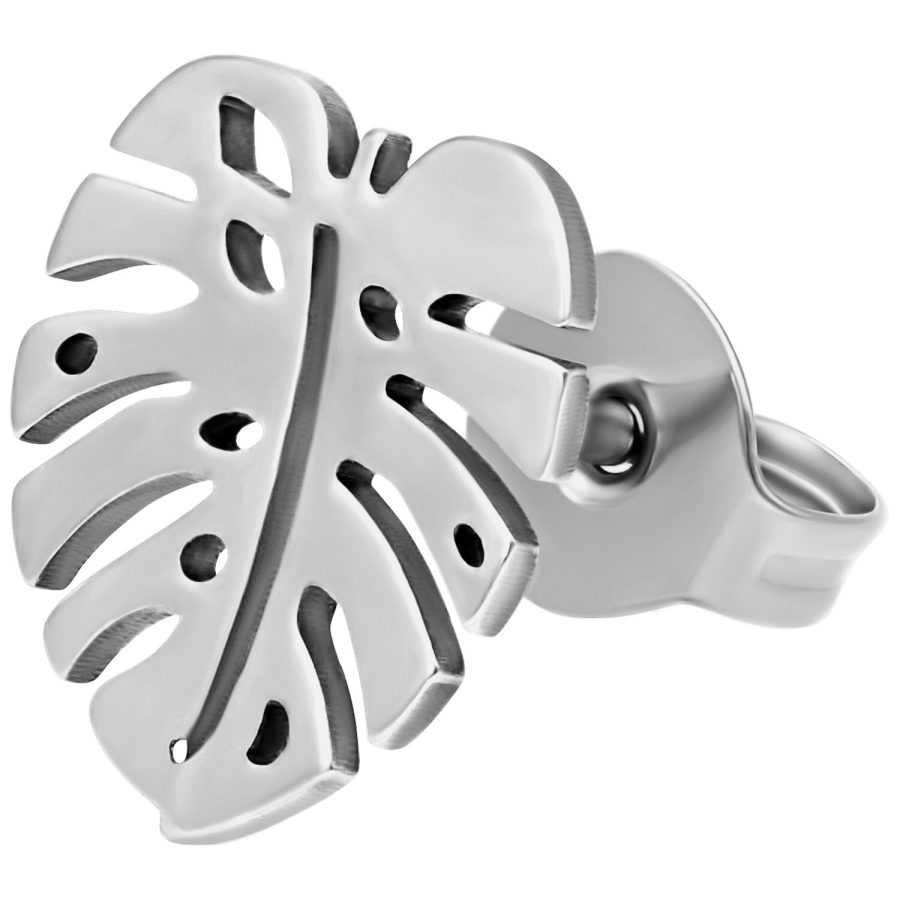 Silberfarbene Monstera Ohrstecker aus Chirurgenstahl auf weißem Hintergrund