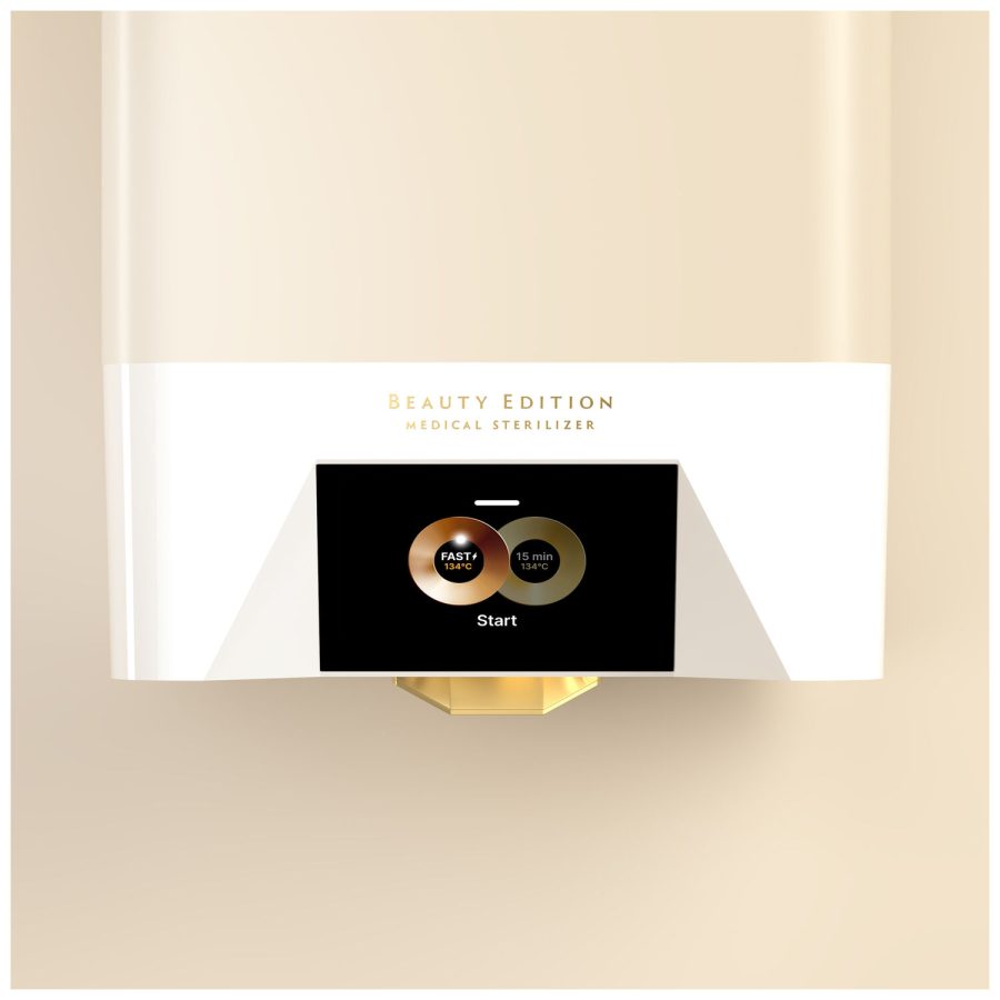 Weißer Enbio Autoklav S Beauty Edition mit Display auf neutralem Hintergrund