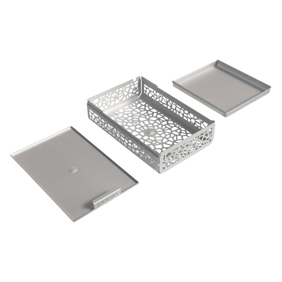 Silbernes Tray Set Enbio Pro mit dekorativen Seitenwänden auf weißem Hintergrund