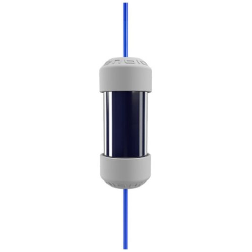 Zylindrischer Enbio Magic Filter mit weißem Gehäuse und blauer Mitte, auf weißem Hintergrund