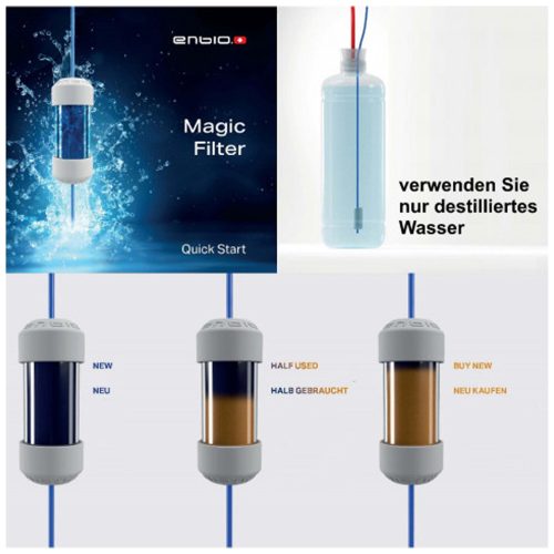 Enbio Magic Filter in Wasser, Filterzustände gezeigt, Studiohintergrund