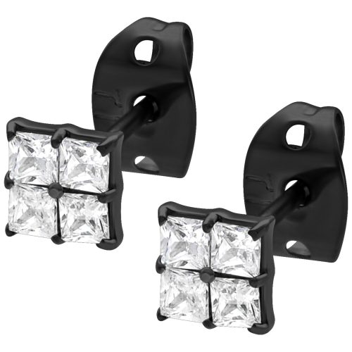 Quadratische Ohrstecker aus schwarzem Metall mit klaren Kristallen