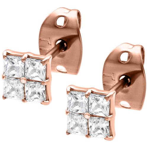 Quadratische Ohrstecker aus Roségold mit klaren Kristallen auf weißem Hintergrund