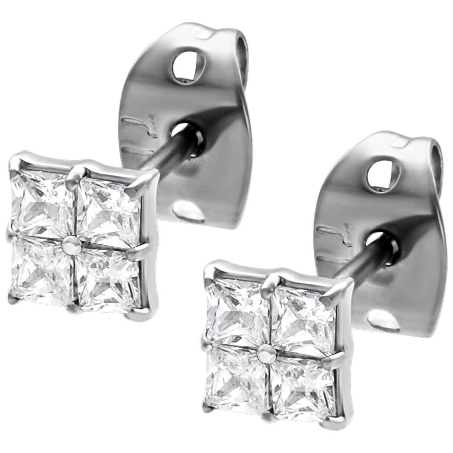 Silberne Ohrstecker mit quadratischen Kristallen auf weißem Hintergrund
