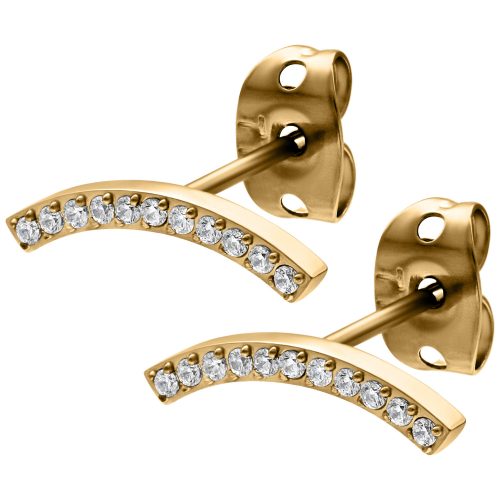 Goldene Ohrstecker in Bogenform mit klaren Kristallen auf weißem Hintergrund