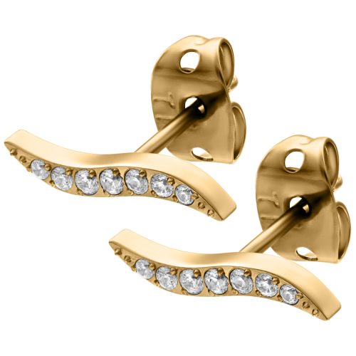 Goldene Ohrstecker mit klaren Kristallen auf weißem Hintergrund