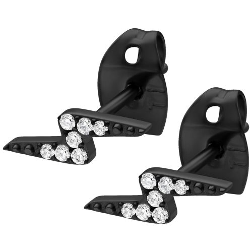 Schwarze Ohrstecker in Blitzform mit klaren Kristallen auf weißem Hintergrund
