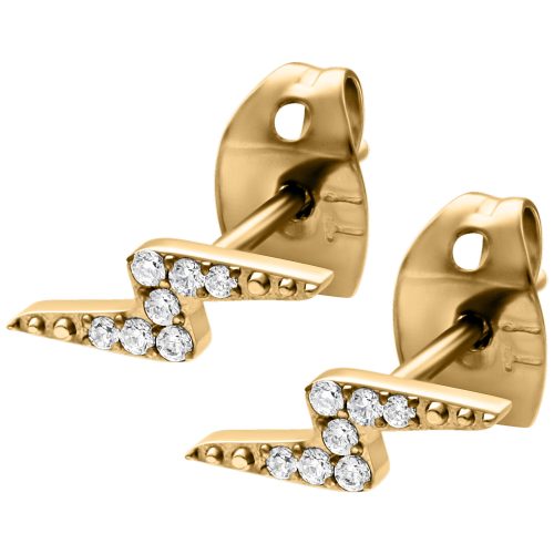 Goldene Ohrstecker in Blitzform mit klaren Kristallen, auf weißem Hintergrund