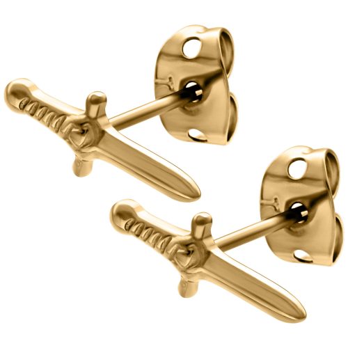 Zwei goldene Schwert Ohrstecker auf weißem Hintergrund