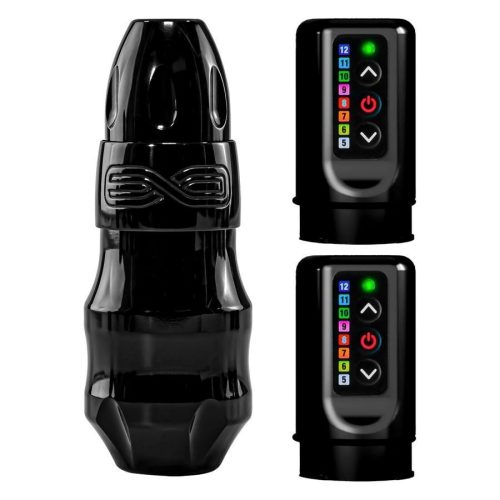 Schwarze FK Irons EXO Tattoomaschine mit zwei Powerbolts vor weißem Hintergrund