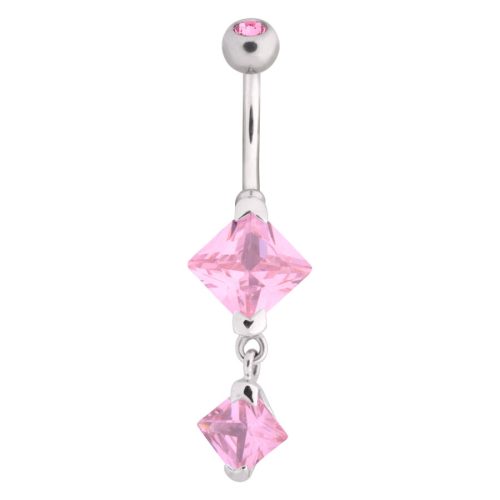 Silbernes Bauchnabelpiercing mit zwei rosa Kristallen auf weißem Hintergrund