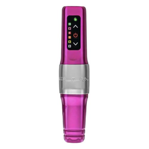 Rosafarbene FK Irons Microbeau Flux Mini Tattoomaschine auf weißem Hintergrund