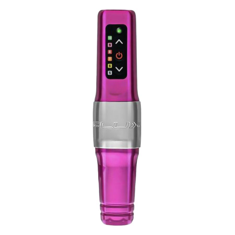 Rosafarbene FK Irons Microbeau Flux Mini Tattoomaschine auf weißem Hintergrund
