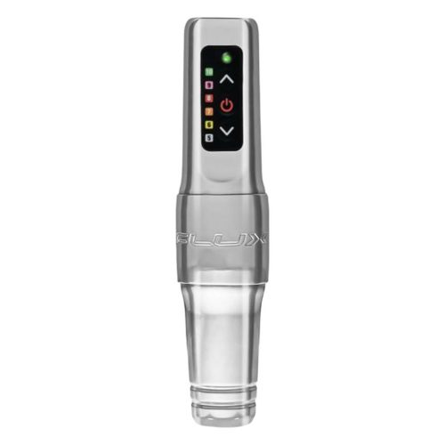 Silberne FK Irons Microbeau Flux Mini Tattoomaschine auf weißem Hintergrund