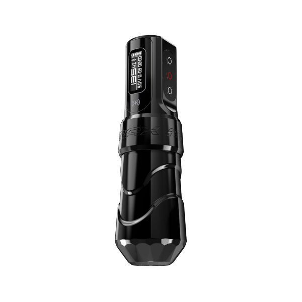 Schwarze FK Irons Max Tattoomaschine mit One Powerbolt auf weißem Hintergrund