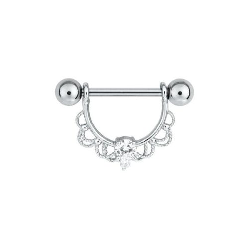 Silberner Nippel Barbell aus Chirurgenstahl mit Kristall und dekorativem Design auf weißem Hintergrund