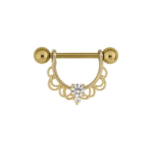 Goldener Nippel Barbell mit Kristall und dekorativen Bögen auf weißem Hintergrund