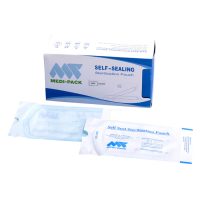 Transparente Sterilisationsbeutel mit blauer Verpackung und Logo