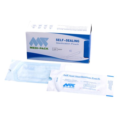 Transparente Sterilisationsbeutel mit blauer Verpackung und Logo