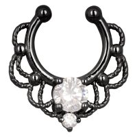 Schwarzes Fake Septum Piercing mit klaren Kristallen auf weißem Hintergrund