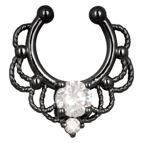 Schwarzes Fake Septum Piercing mit klaren Kristallen auf weißem Hintergrund