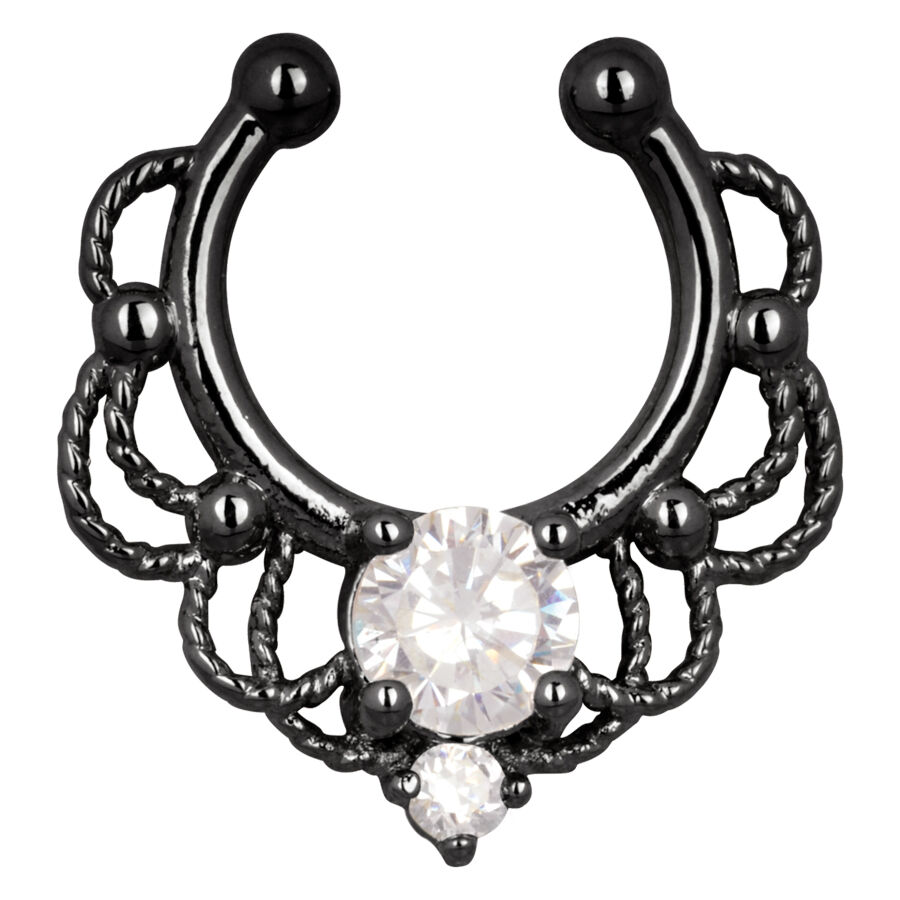 Schwarzes Fake Septum Piercing mit klaren Kristallen auf weißem Hintergrund