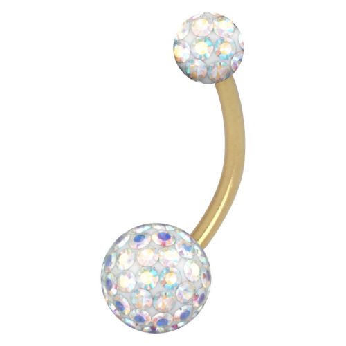 Goldenes Bauchnabelpiercing mit Aurora Boreale Kristallen, 8mm Länge