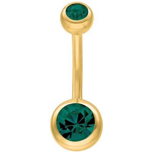 Goldenes Bauchnabelpiercing mit smaragdgrünen Kristallen auf weißem Hintergrund
