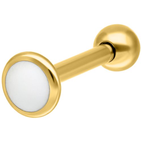 Goldenes Labret aus Titan mit weißer Platte auf weißem Hintergrund