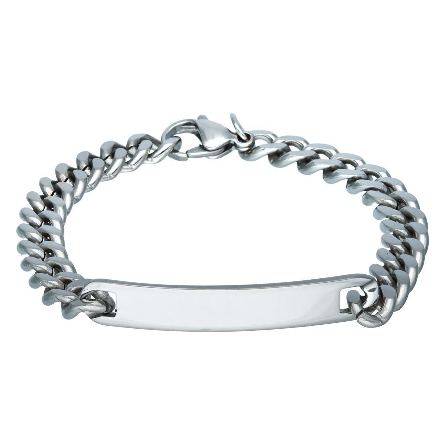 Silbernes gravierbares Armband aus Chirurgenstahl auf weißem Hintergrund