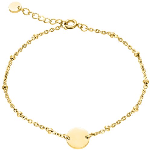 Goldfarbenes Armband aus Chirurgenstahl mit Gravurplatte auf weißem Hintergrund