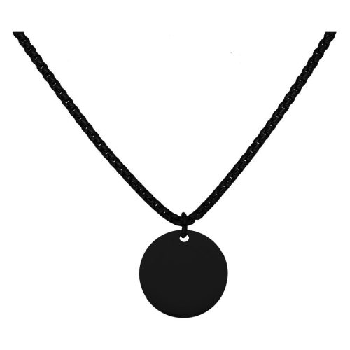 Schwarze Kette mit rundem Anhänger aus Chirurgenstahl auf weißem Hintergrund