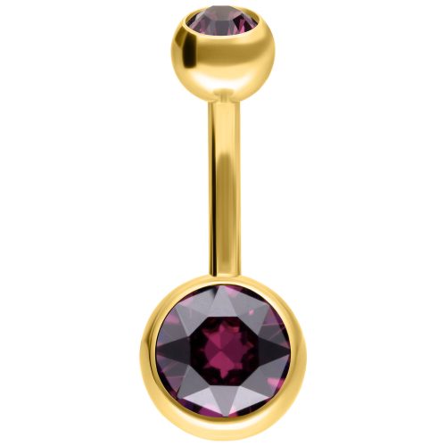 Goldenes Bauchnabel Bananabell mit Amethystkristallen auf weißem Hintergrund