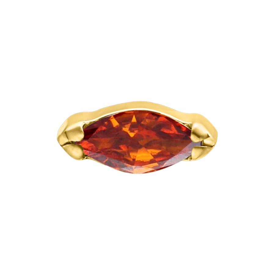 Goldener Piercing Aufsatz mit dunkelrotem Marquise-Kristall auf weißem Hintergrund