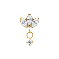 Goldener Piercing-Aufsatz mit drei klaren Kristallen und einem hängenden Stein