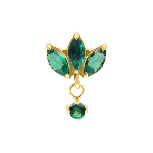 Goldener Piercing-Aufsatz mit smaragdgrünen Kristallen auf weißem Hintergrund