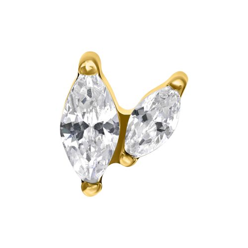 Goldener Piercing-Aufsatz mit zwei klaren Kristallen auf weißem Hintergrund