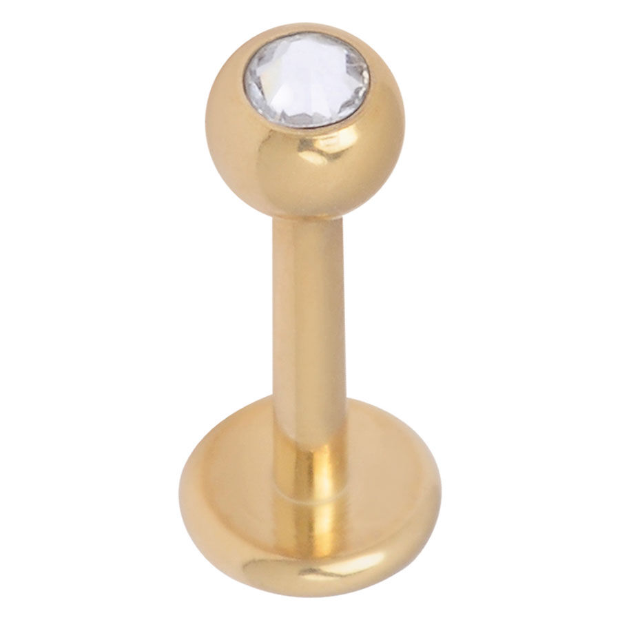 Goldenes Titan Labret mit klarem Kristall auf weißem Hintergrund