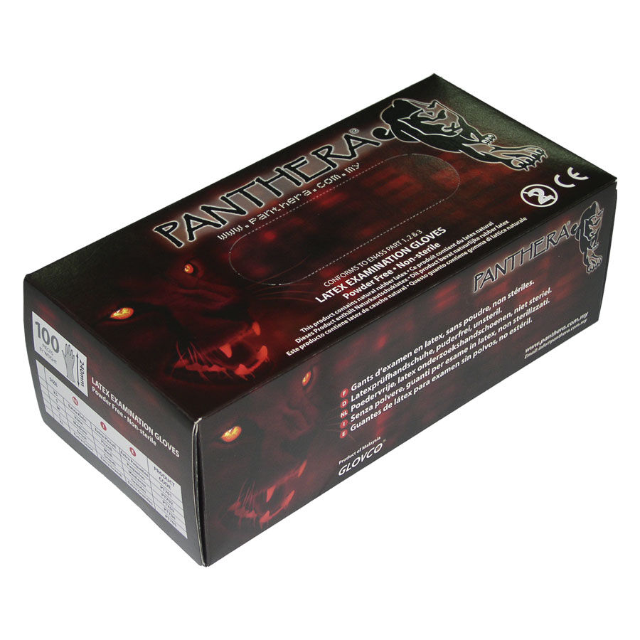 Schwarze Panthera Latex-Handschuhe in Kartonverpackung