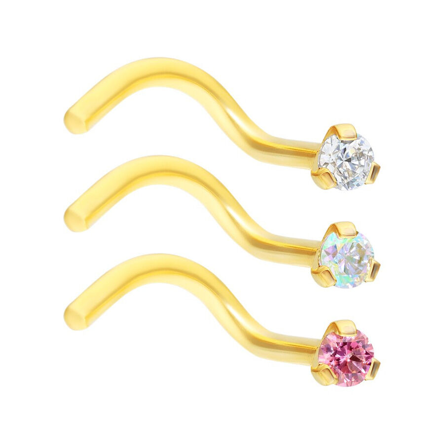 Drei goldene Nasenstecker mit klaren, Aurora Boreale und rosa Kristallen auf weißem Hintergrund