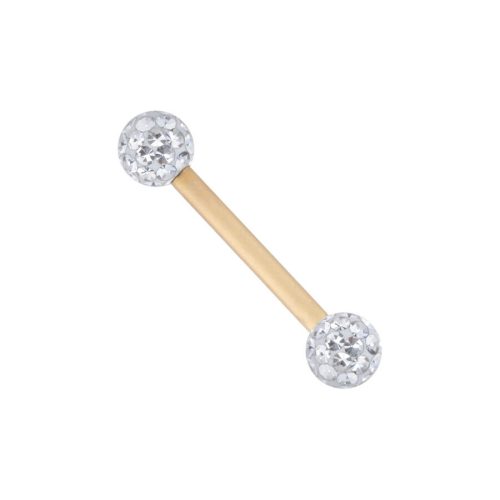 Goldenes Titan-Piercing mit zwei kristallklaren Kugeln auf weißem Hintergrund