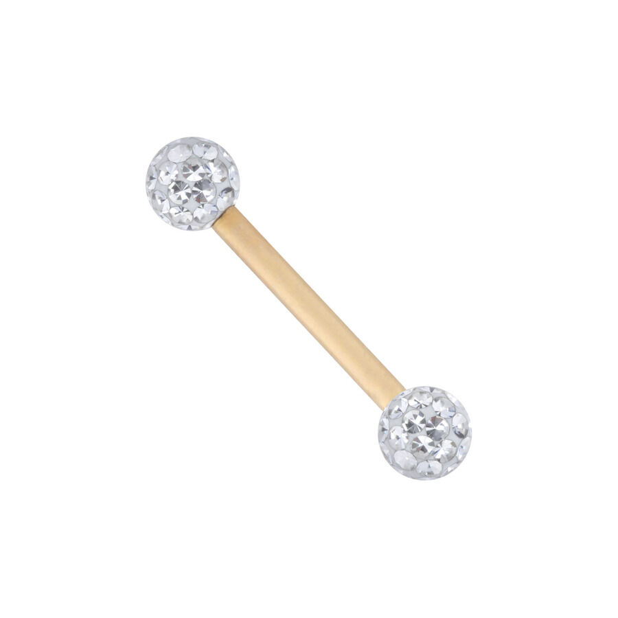 Goldenes Titan-Piercing mit zwei kristallklaren Kugeln auf weißem Hintergrund