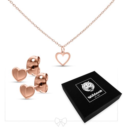 Roségoldenes Herzschmuck-Set mit Kette und Ohrsteckern auf weißem Hintergrund