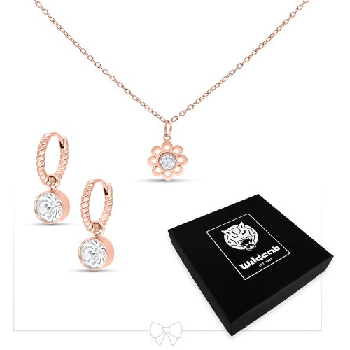 Roségoldenes Halsketten- und Ohrring-Set mit Kristallanhänger auf weißem Hintergrund
