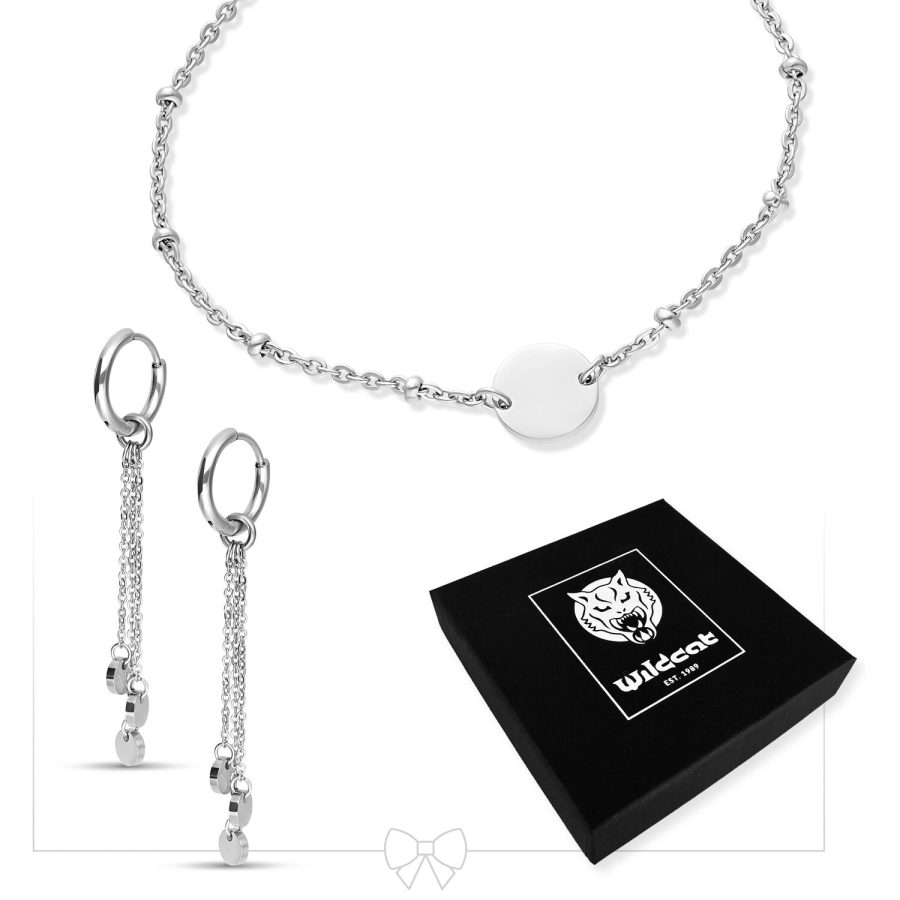 Silbernes Armband mit Plakette und hängenden Ohrringen, Wildcat Box