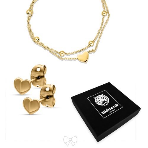 Goldenes Schmuckset mit Herzanhänger und Ohrringen auf weißem Hintergrund