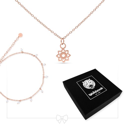 Roségoldene Kette mit Blumenanhänger, Fußkettchen mit Perlen und Wildcat Geschenkbox